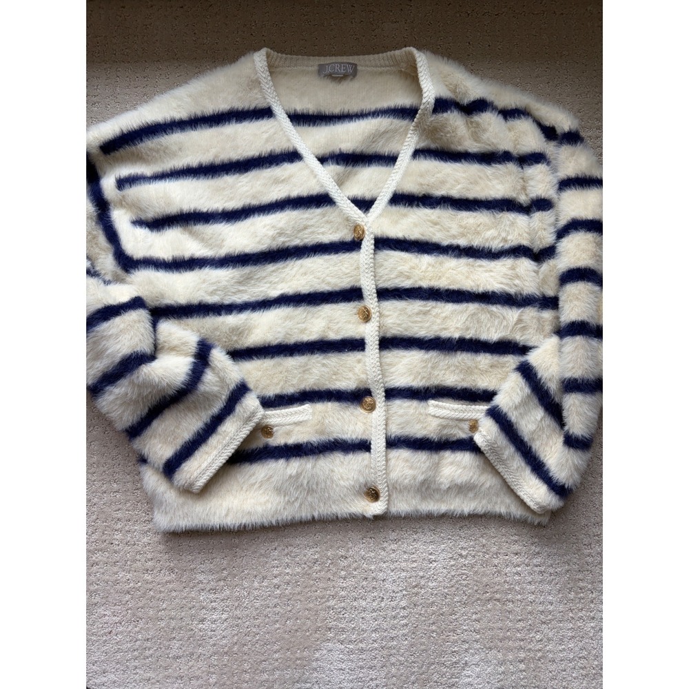 J.Crew Sweater Lady Jacket Cardigan L Striped Plush Cozy Heavyweight Wool Blend